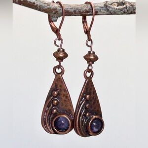 Handmade Copper Teardrop Earrings with Purple Stone Accents